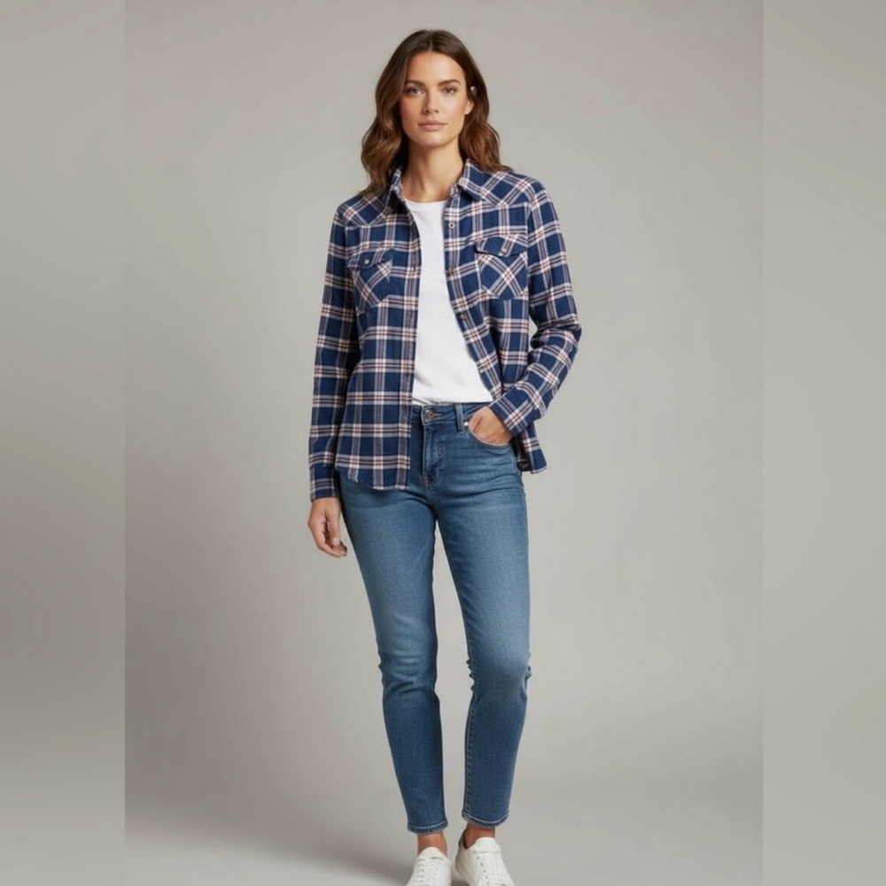 JACHS Girlfriend Blue Red White Flannel with Paisley Contrast M
